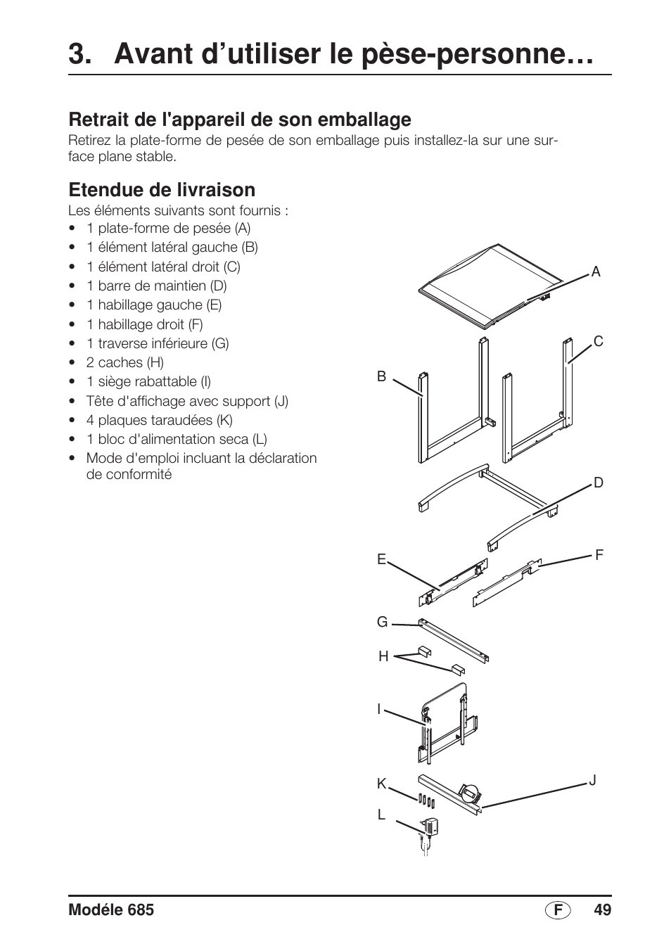 Avant d’utiliser le pèse-personne, Retrait de l'appareil de son emballage, Etendue de livraison | Seca 685 User Manual | Page 49 / 292