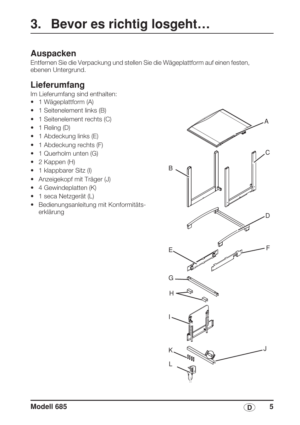 Bevor es richtig losgeht, Auspacken, Lieferumfang | Seca 685 User Manual | Page 5 / 292