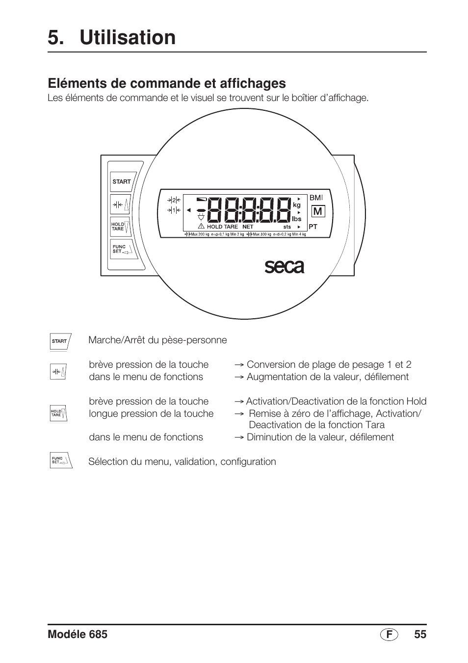 Utilisation, Eléments de commande et affichages | Seca 685 User Manual | Page 55 / 292