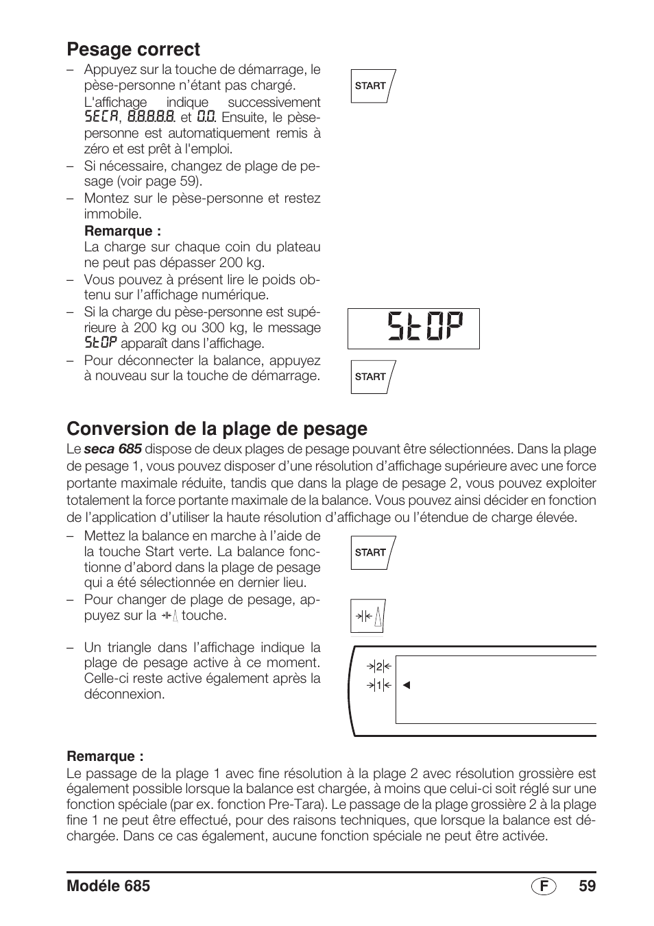 Pesage correct, Conversion de la plage de pesage | Seca 685 User Manual | Page 59 / 292