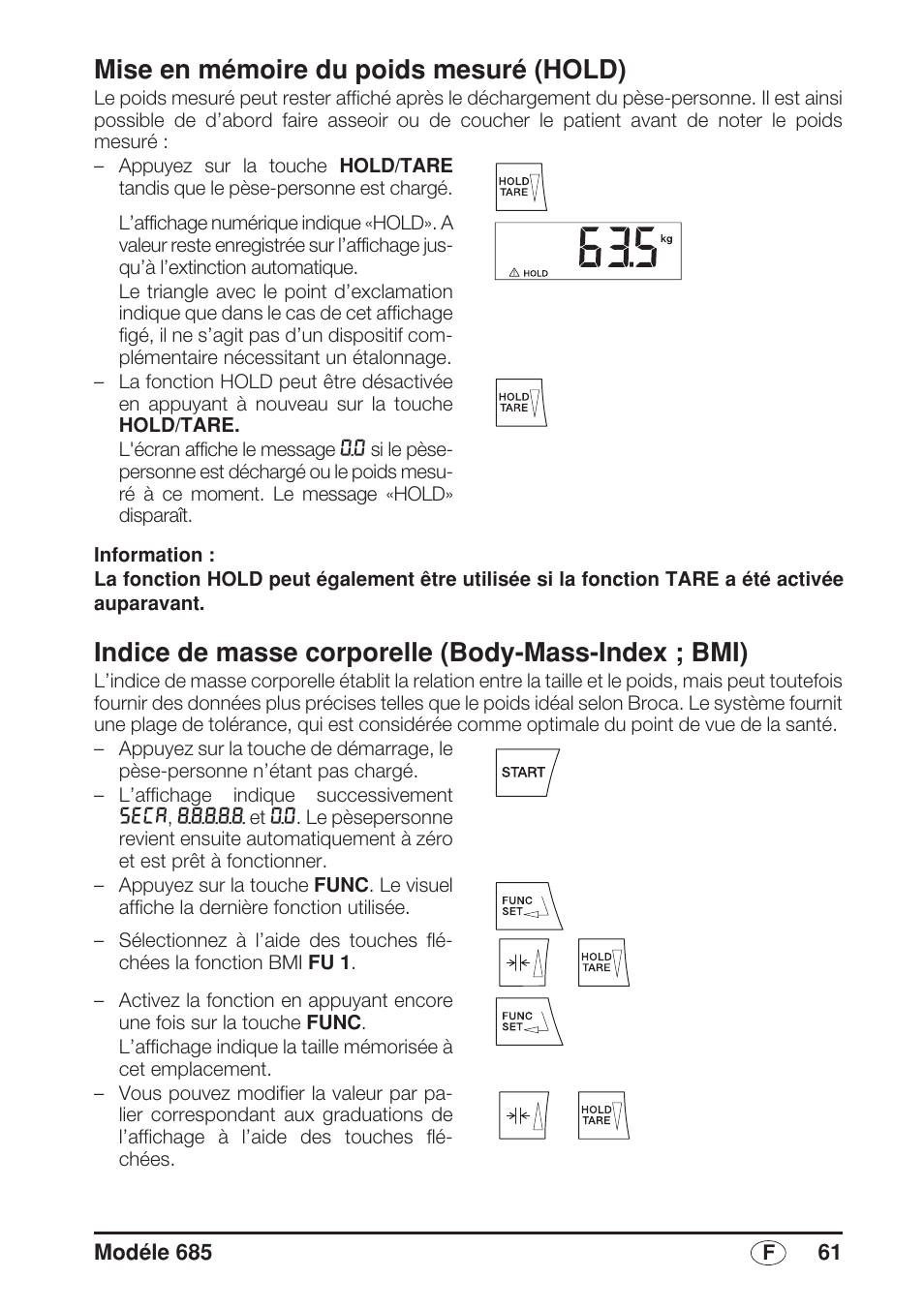 Mise en mémoire du poids mesuré (hold), Indice de masse corporelle (body-mass-index ; bmi) | Seca 685 User Manual | Page 61 / 292