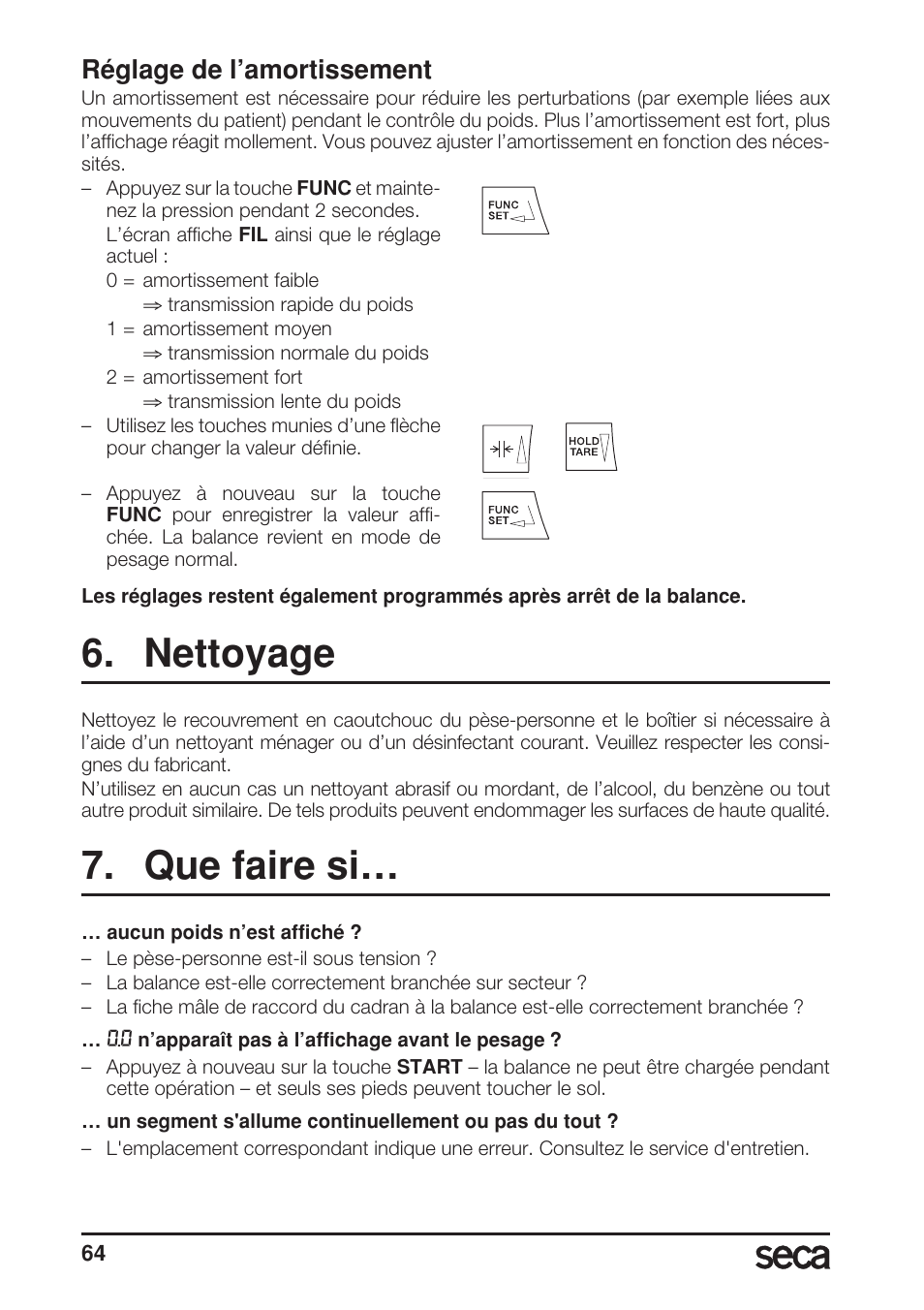 Réglage de l’amortissement, Nettoyage, Que faire si | Seca 685 User Manual | Page 64 / 292