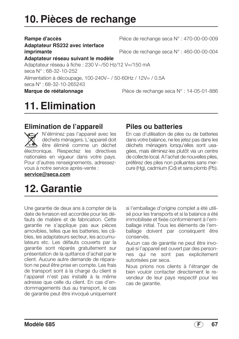 Pièces de rechange, Elimination, Elimination de l’appareil | Piles ou batteries, Garantie | Seca 685 User Manual | Page 67 / 292