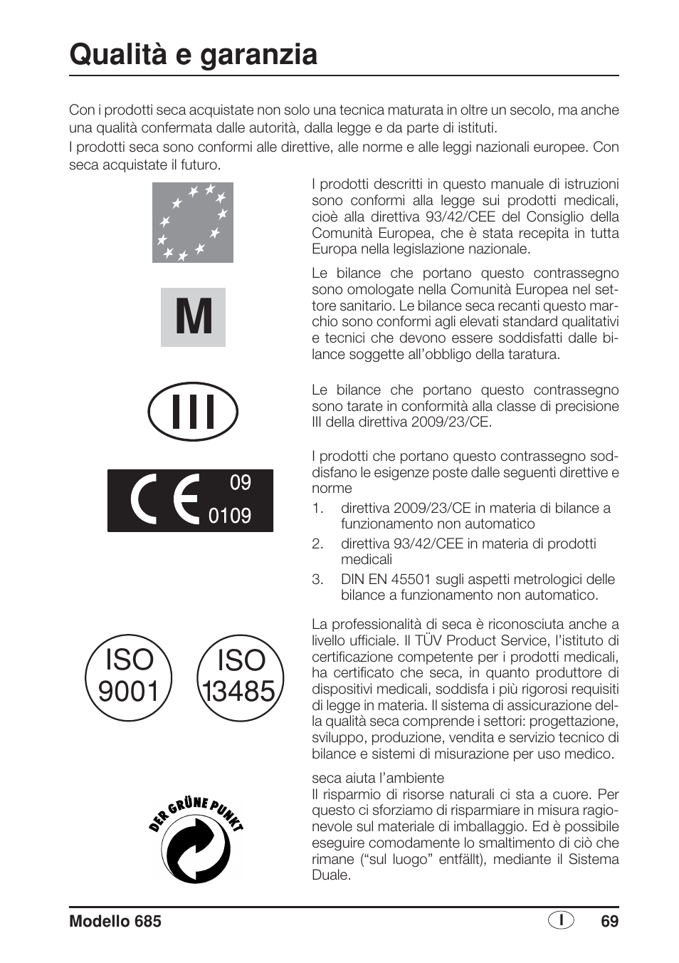 Italiano, Qualità e garanzia | Seca 685 User Manual | Page 69 / 292