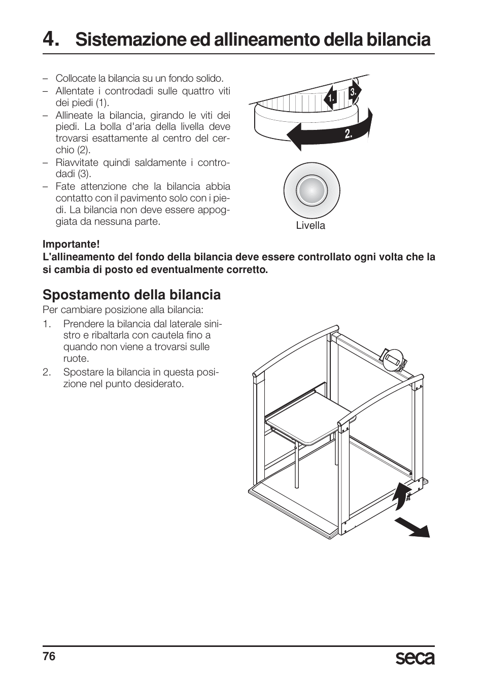 Sistemazione ed allineamento della bilancia, Spostamento della bilancia, Libelle | Seca 685 User Manual | Page 76 / 292