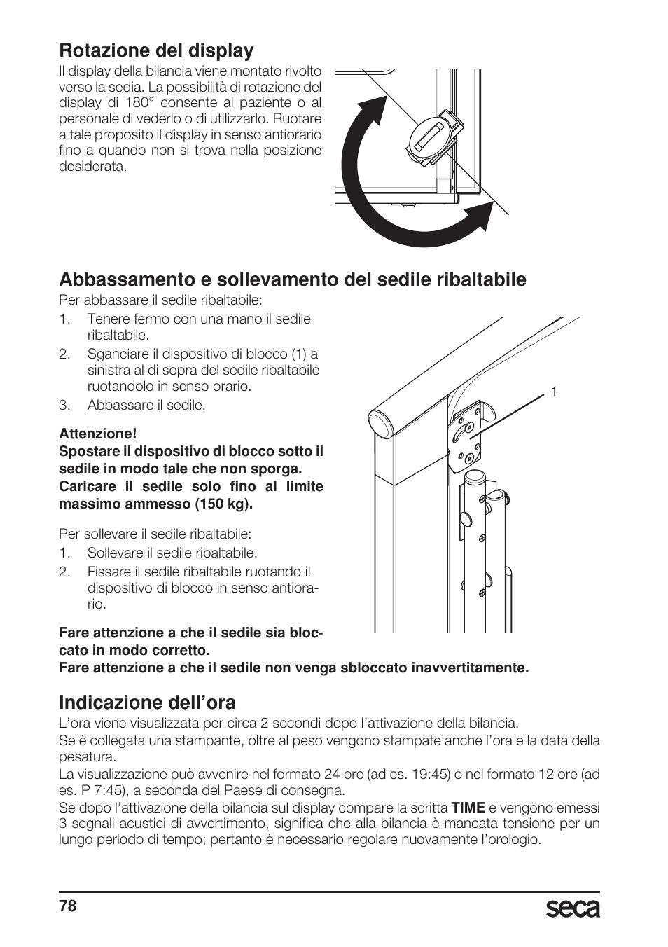 Rotazione del display, Abbassamento e sollevamento del sedile ribaltabile, Indicazione dell’ora | Seca 685 User Manual | Page 78 / 292