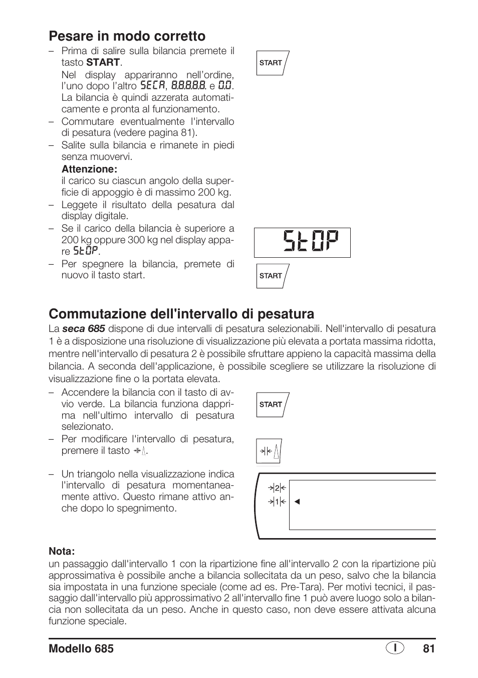 Pesare in modo corretto, Commutazione dell'intervallo di pesatura | Seca 685 User Manual | Page 81 / 292