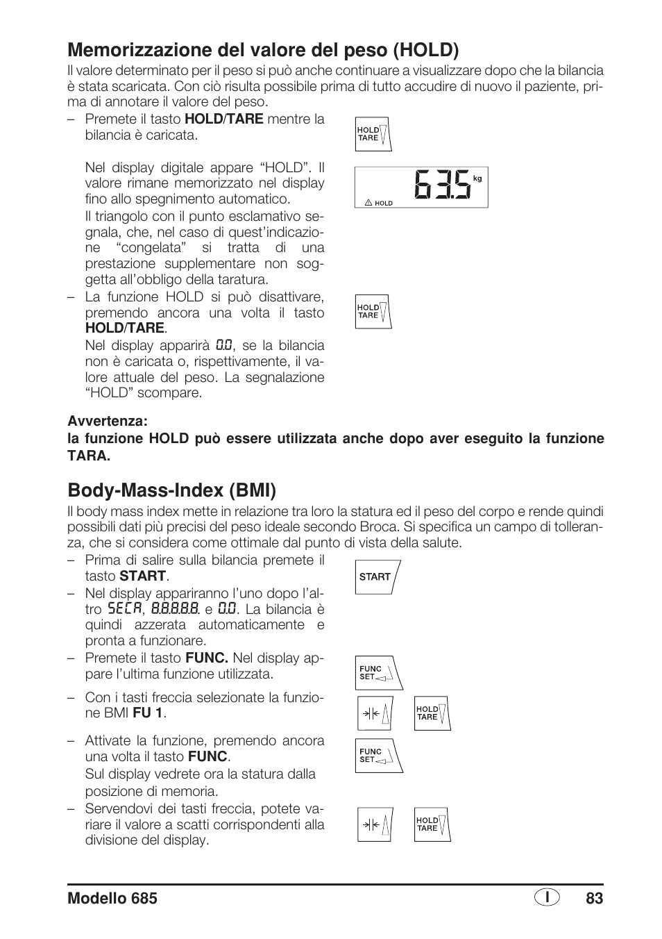 Memorizzazione del valore del peso (hold), Body-mass-index (bmi) | Seca 685 User Manual | Page 83 / 292
