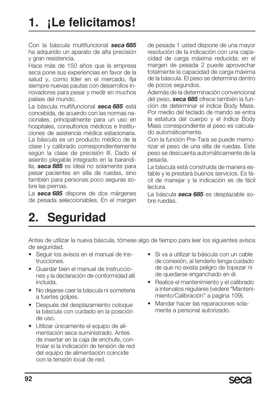 ¡le felicitamos, Seguridad | Seca 685 User Manual | Page 92 / 292