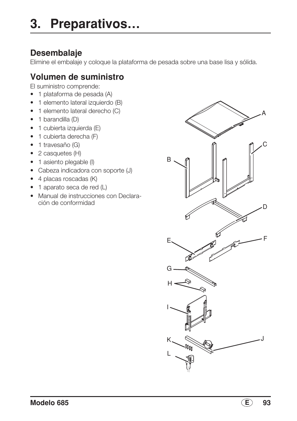 Preparativos, Desembalaje, Volumen de suministro | Seca 685 User Manual | Page 93 / 292