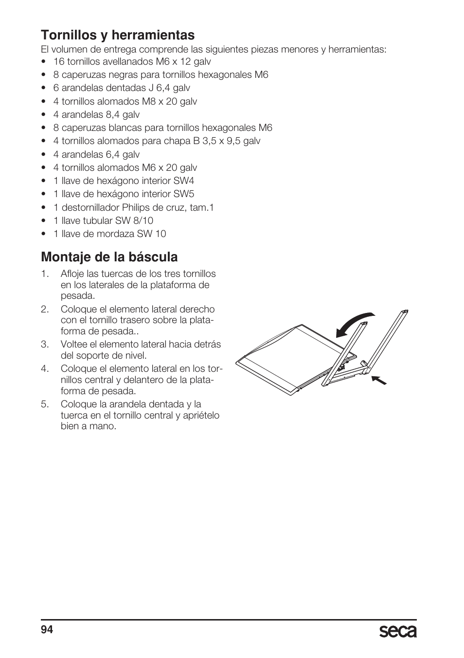 Tornillos y herramientas, Montaje de la báscula | Seca 685 User Manual | Page 94 / 292
