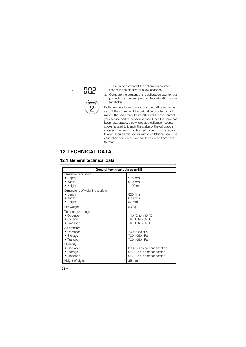 Technical data, 1 general technical data | Seca 685 User Manual | Page 104 / 385