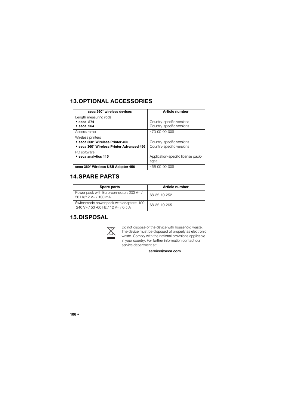 Optional accessories, Spare parts, Disposal | Optional accessories 14.spare parts 15.disposal | Seca 685 User Manual | Page 106 / 385
