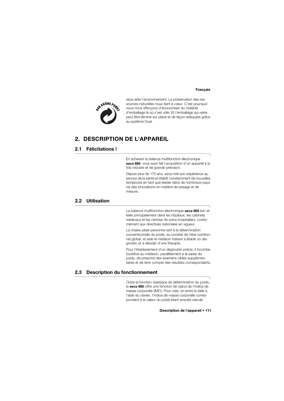 Description de l'appareil, 1 félicitations, 2 utilisation | 3 description du fonctionnement | Seca 685 User Manual | Page 111 / 385