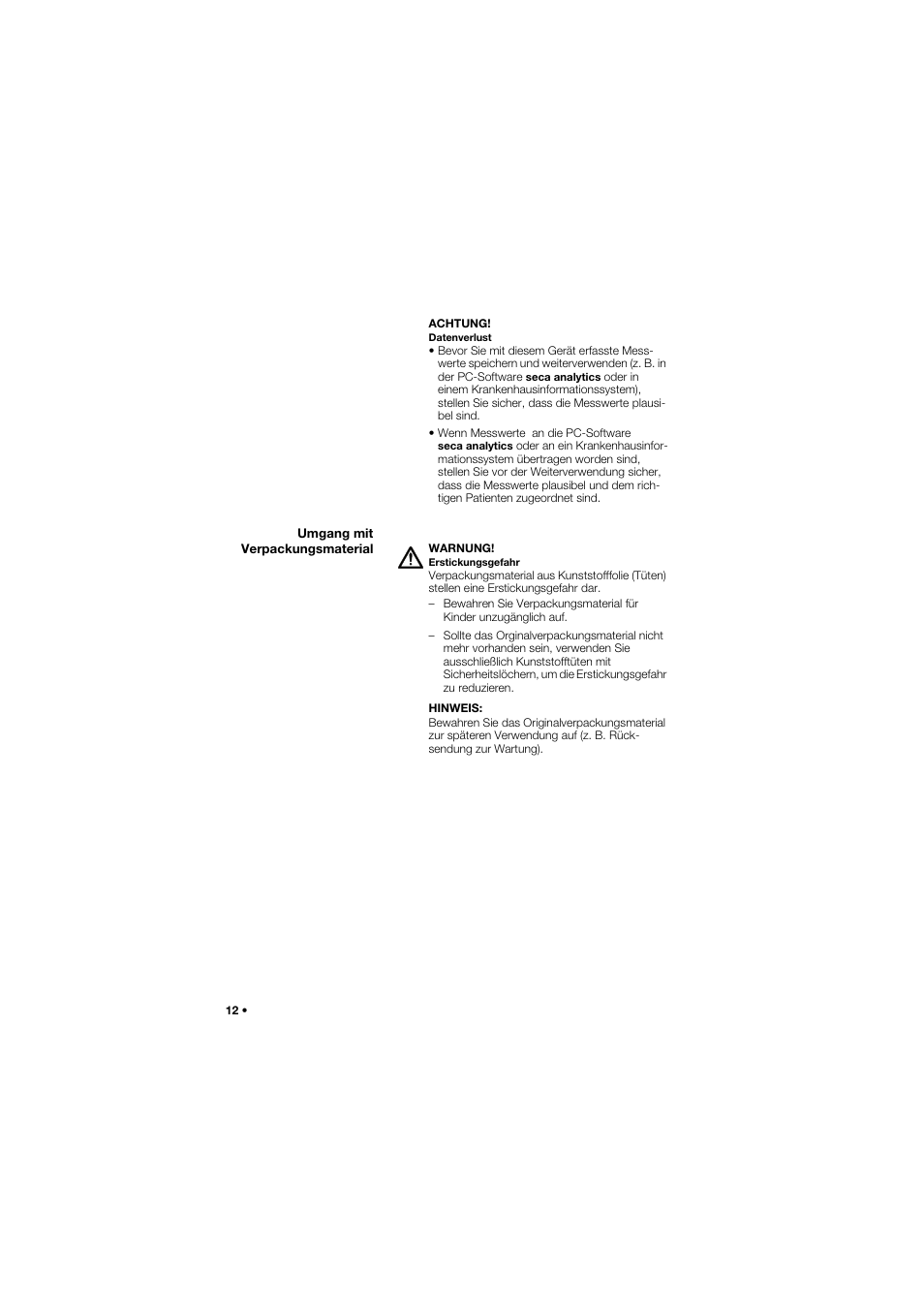 Umgang mit verpackungsmaterial | Seca 685 User Manual | Page 12 / 385