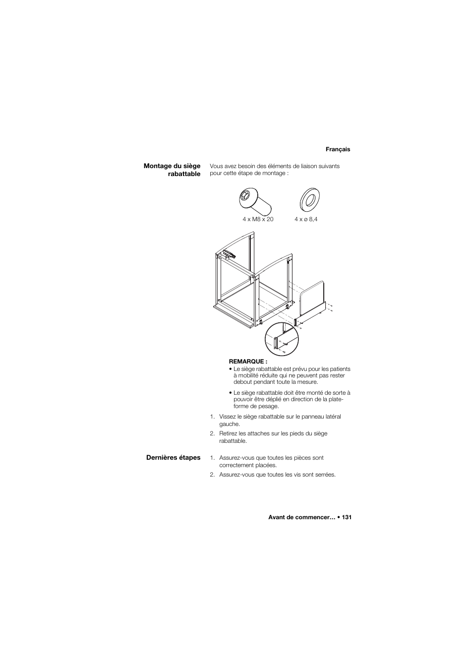 Montage du siège rabattable, Dernières étapes | Seca 685 User Manual | Page 131 / 385