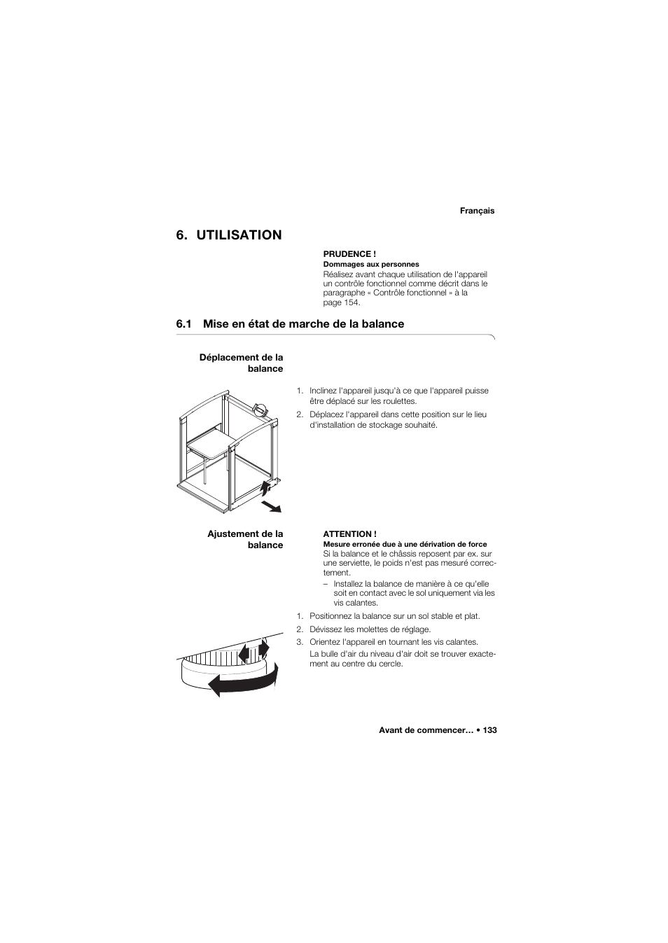 Utilisation, 1 mise en état de marche de la balance, Déplacement de la balance | Ajustement de la balance | Seca 685 User Manual | Page 133 / 385
