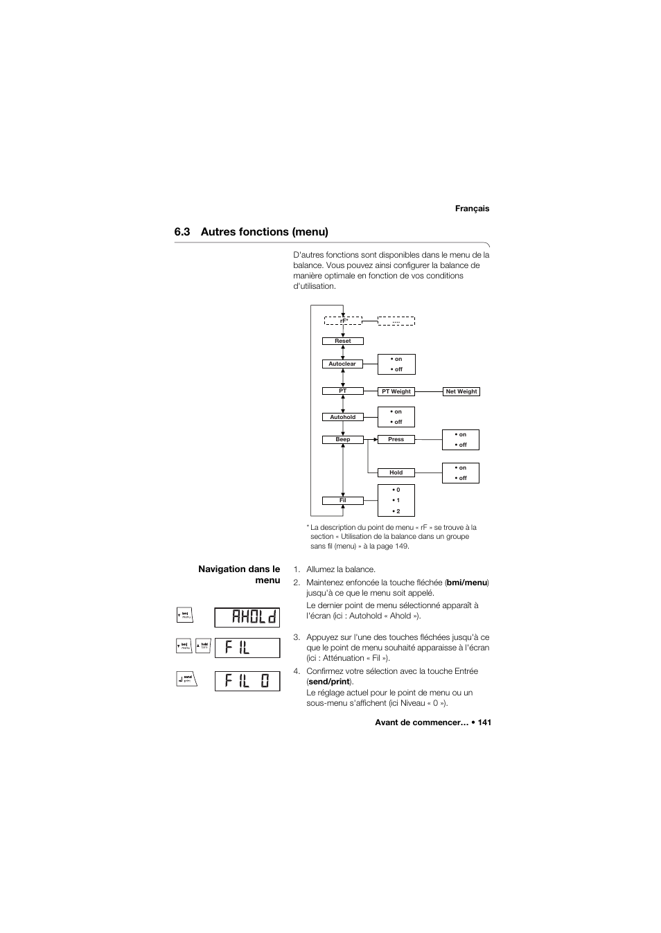 3 autres fonctions (menu), Navigation dans le menu | Seca 685 User Manual | Page 141 / 385