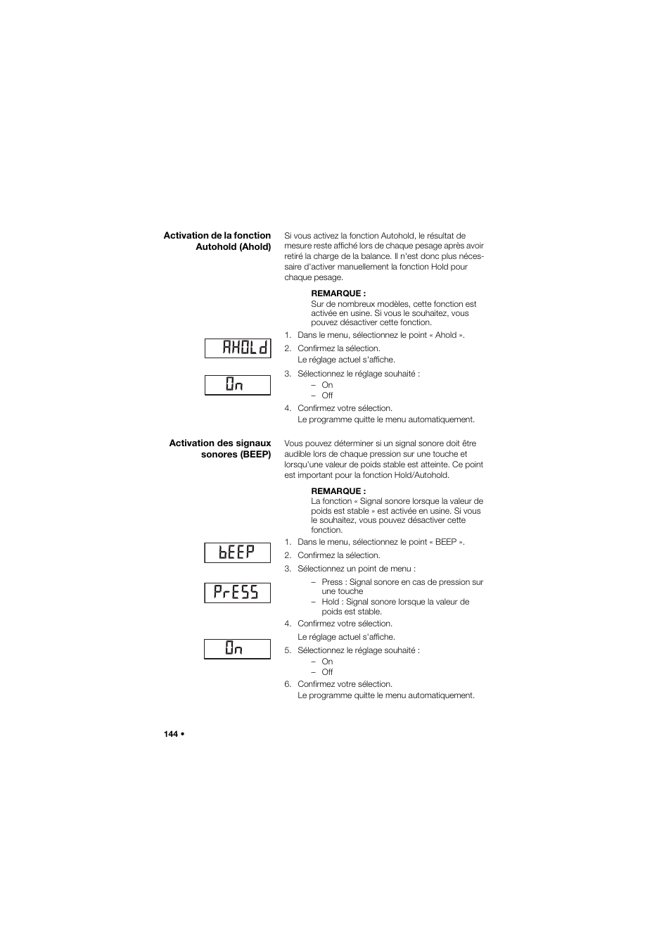 Activation de la fonction autohold (ahold), Activation des signaux sonores (beep) | Seca 685 User Manual | Page 144 / 385