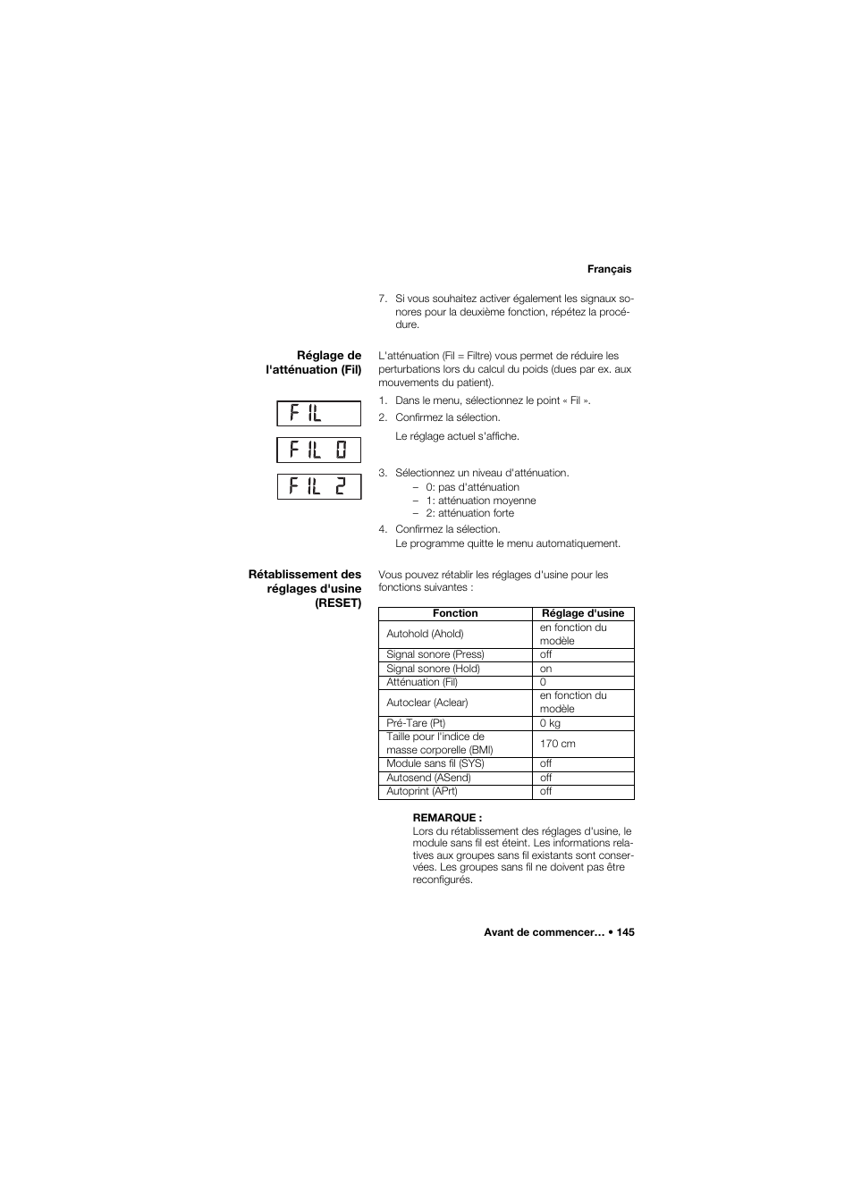 Réglage de l'atténuation (fil), Rétablissement des réglages d'usine (reset) | Seca 685 User Manual | Page 145 / 385