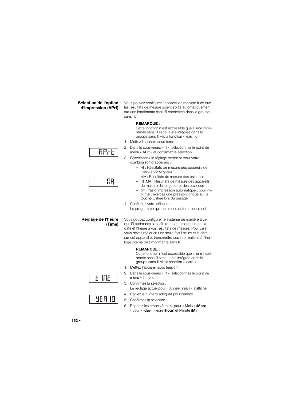Sélection de l'option d'impression (aprt), Réglage de l'heure (time) | Seca 685 User Manual | Page 152 / 385