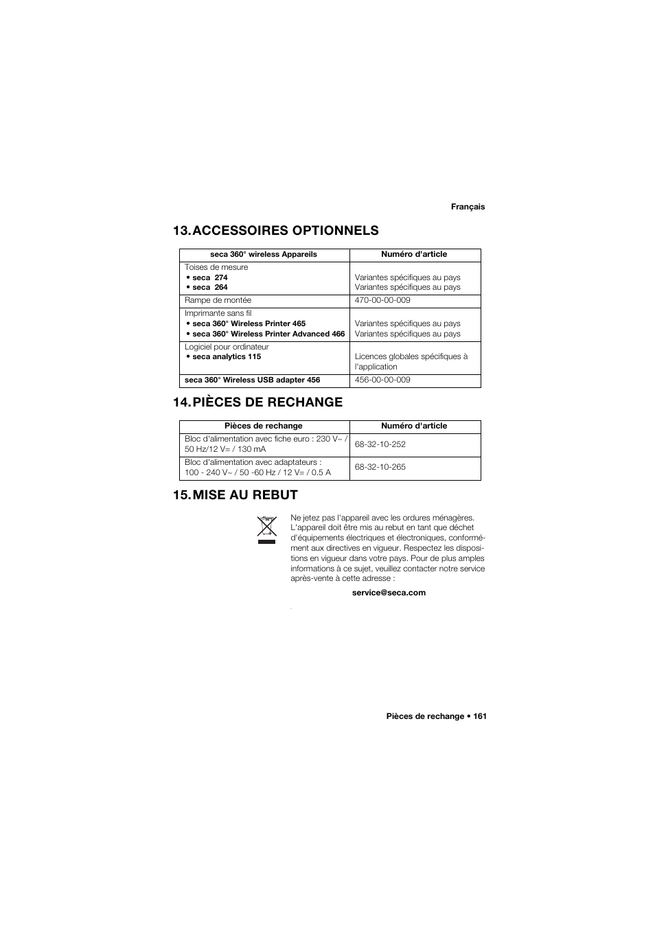 Accessoires optionnels, Pièces de rechange, Mise au rebut | Seca 685 User Manual | Page 161 / 385