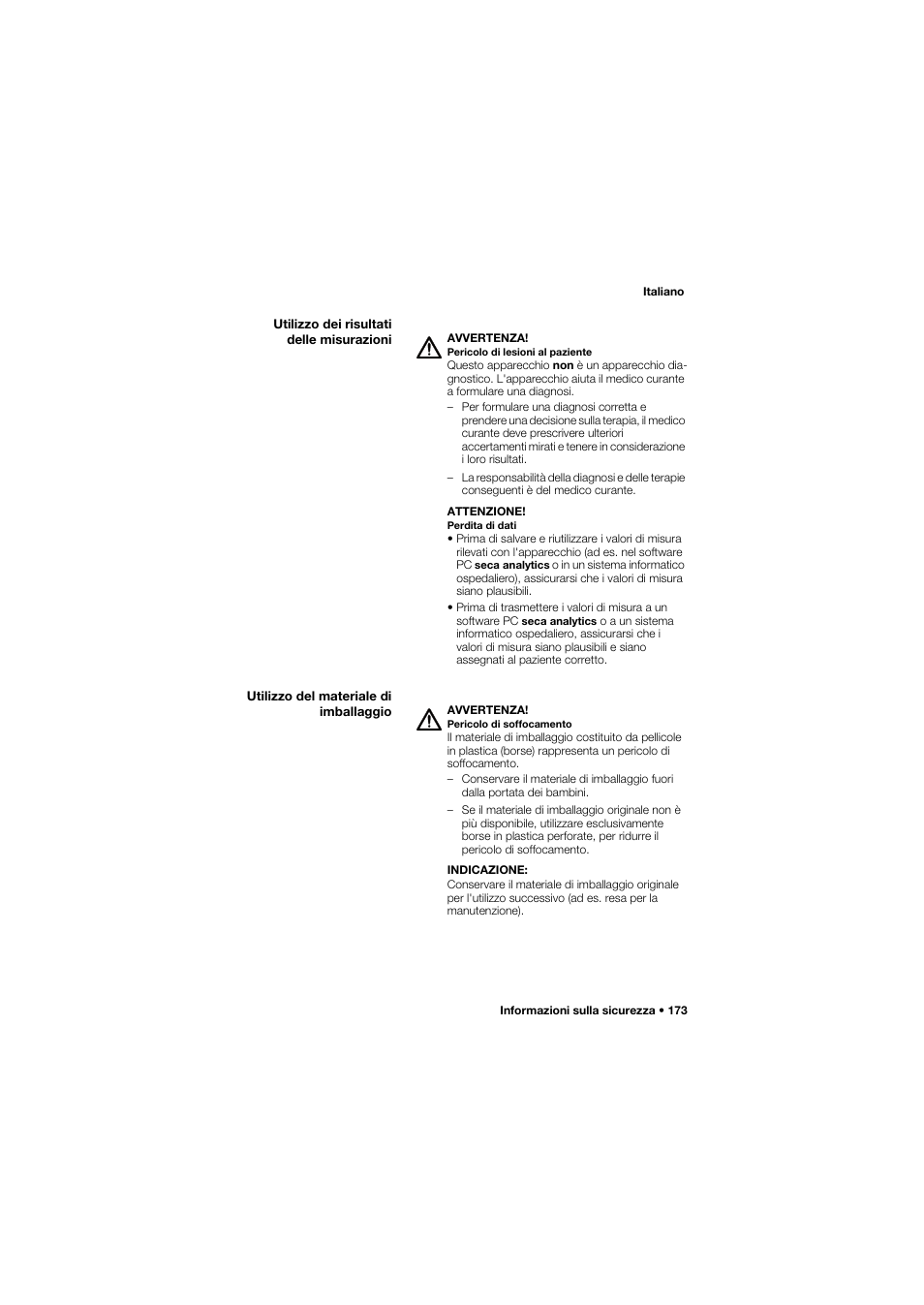 Utilizzo dei risultati delle misurazioni, Utilizzo del materiale di imballaggio | Seca 685 User Manual | Page 173 / 385