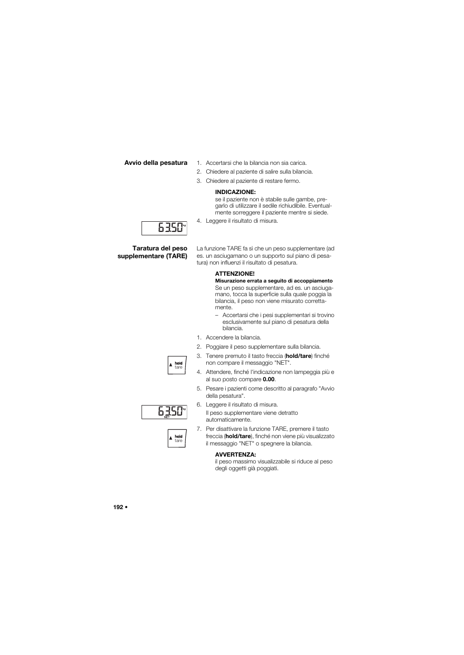 Avvio della pesatura, Taratura del peso supplementare (tare) | Seca 685 User Manual | Page 192 / 385