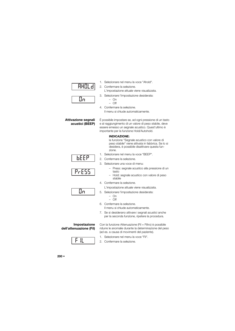 Attivazione segnali acustici (beep), Impostazione dell'attenuazione (fil) | Seca 685 User Manual | Page 200 / 385