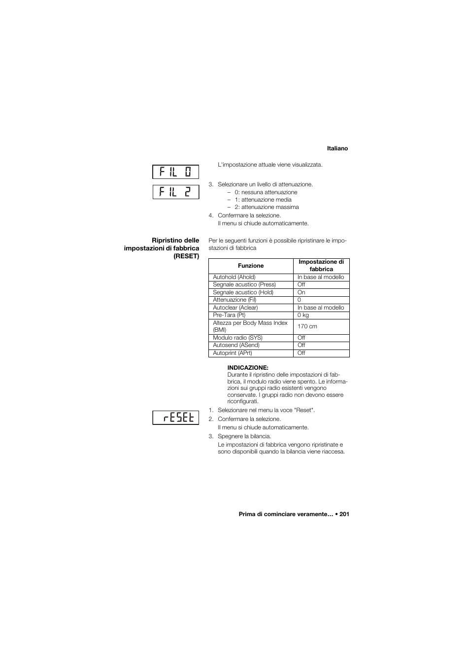 Ripristino delle impostazioni di fabbrica (reset) | Seca 685 User Manual | Page 201 / 385