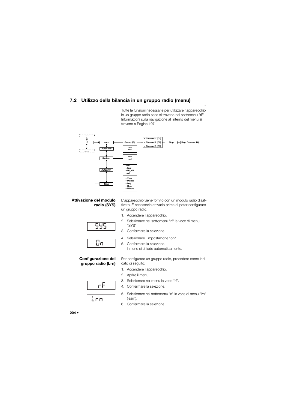 Attivazione del modulo radio (sys), Configurazione del gruppo radio (lrn) | Seca 685 User Manual | Page 204 / 385