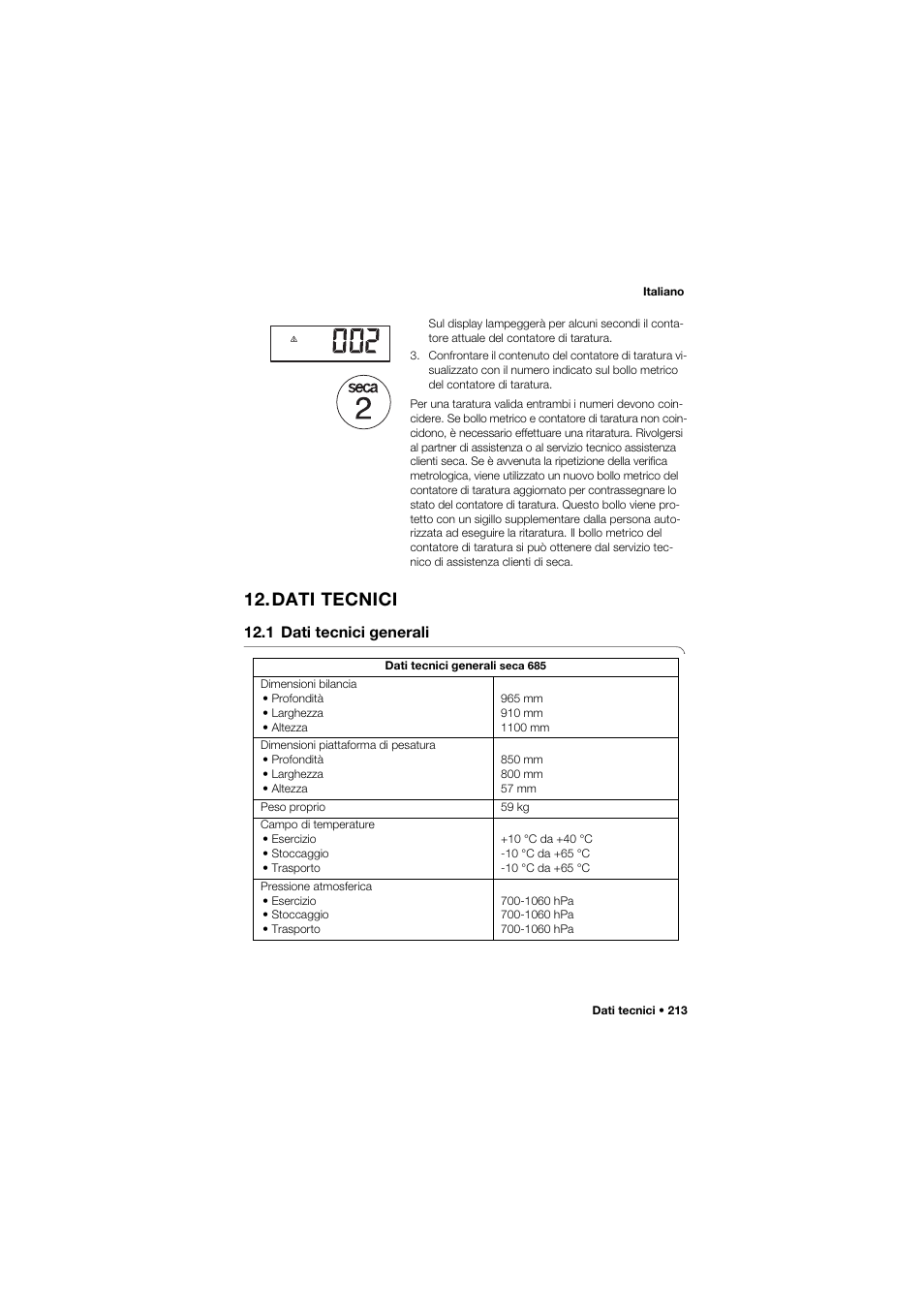 Dati tecnici, 1 dati tecnici generali | Seca 685 User Manual | Page 213 / 385
