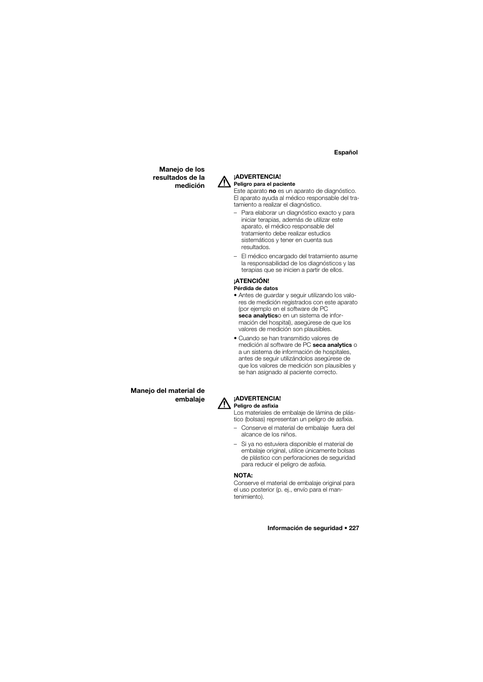 Manejo de los resultados de la medición, Manejo del material de embalaje | Seca 685 User Manual | Page 227 / 385