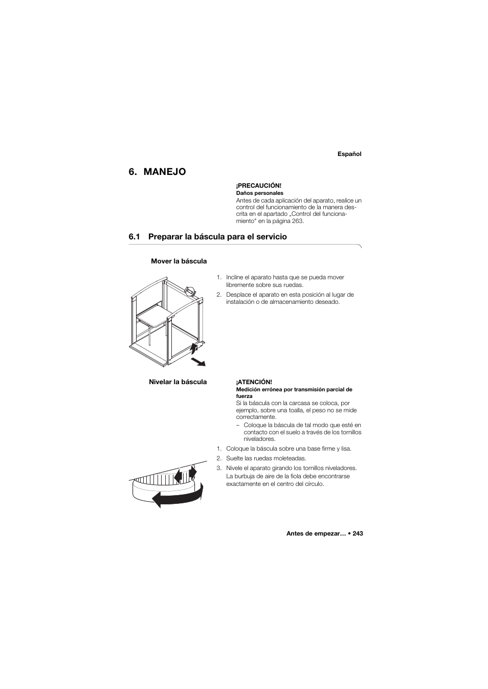 Manejo, 1 preparar la báscula para el servicio, Mover la báscula | Nivelar la báscula | Seca 685 User Manual | Page 243 / 385