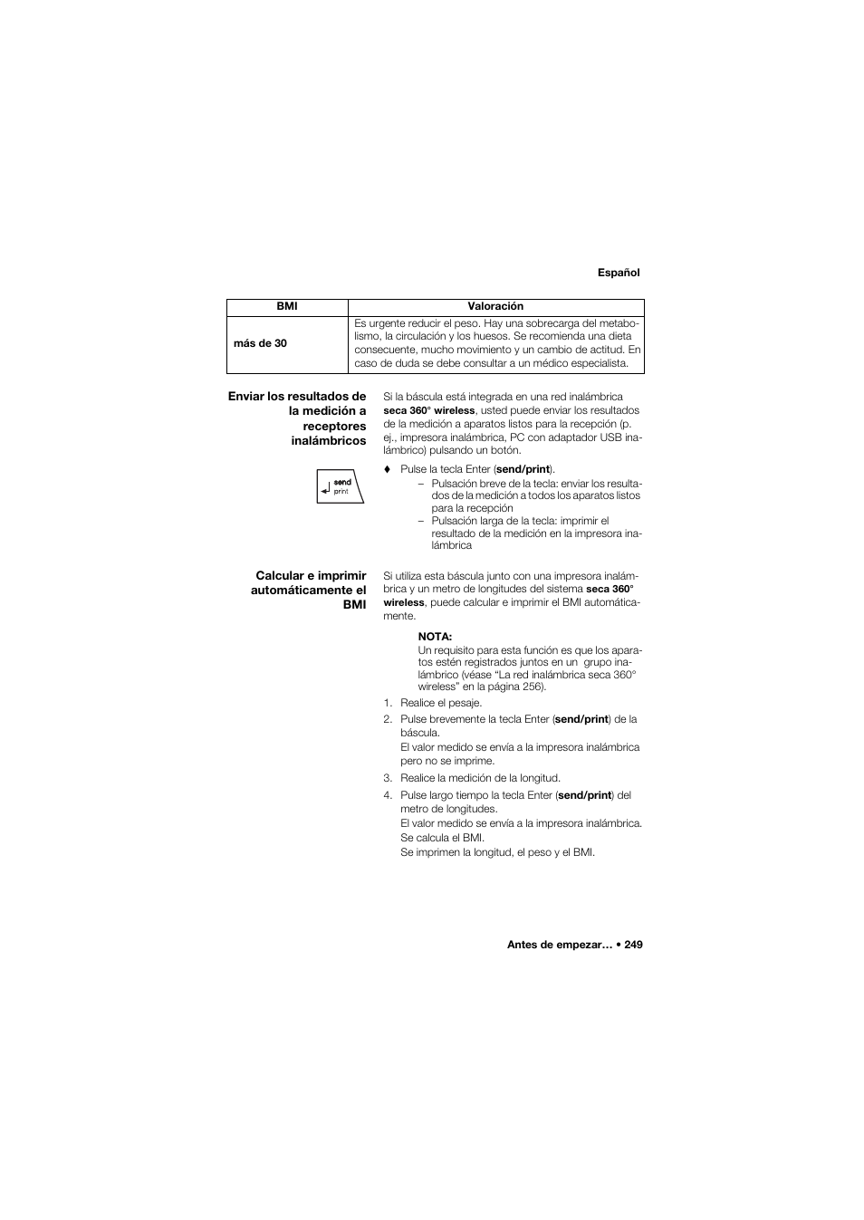 Calcular e imprimir automáticamente el bmi | Seca 685 User Manual | Page 249 / 385