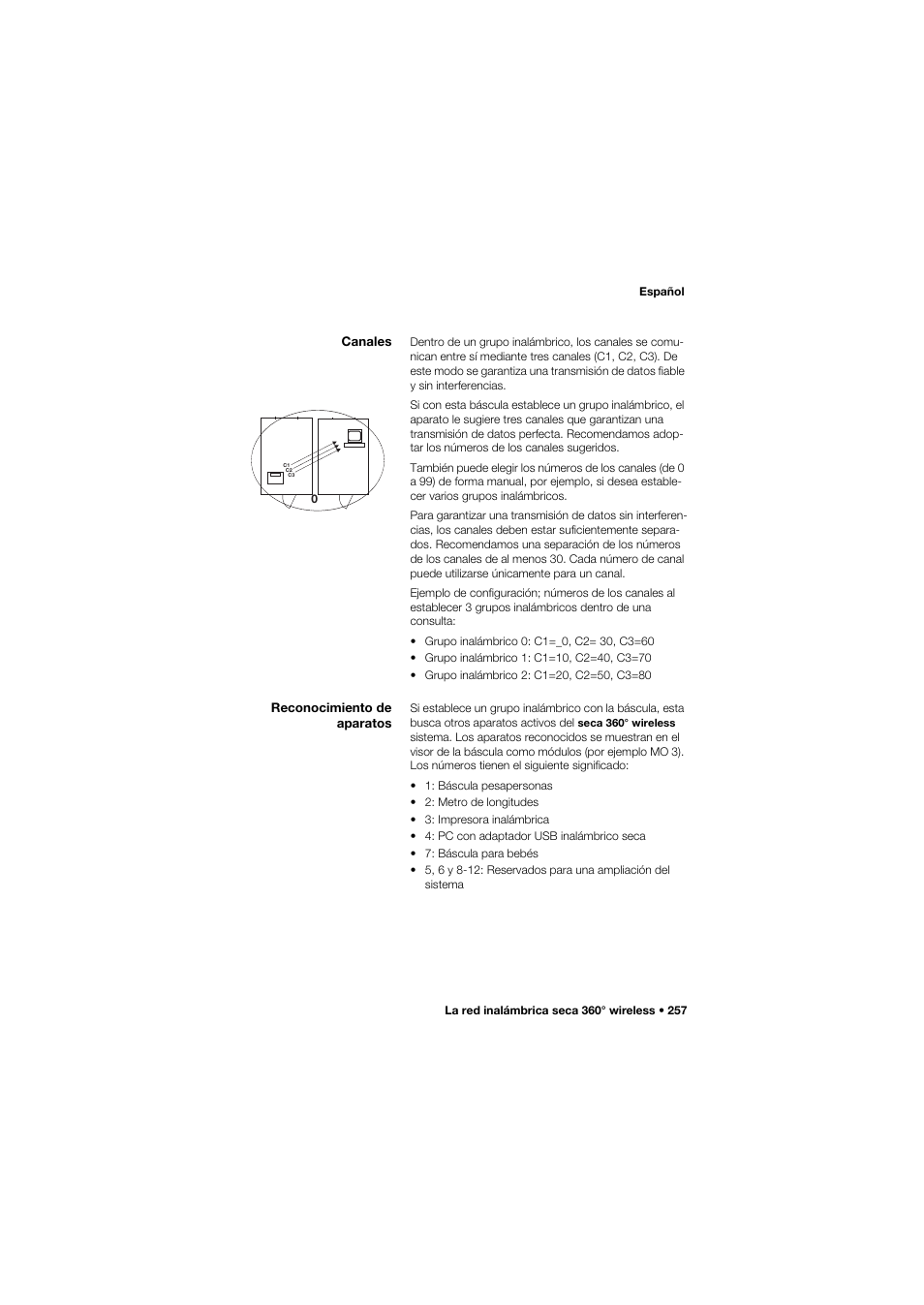 Canales, Reconocimiento de aparatos | Seca 685 User Manual | Page 257 / 385