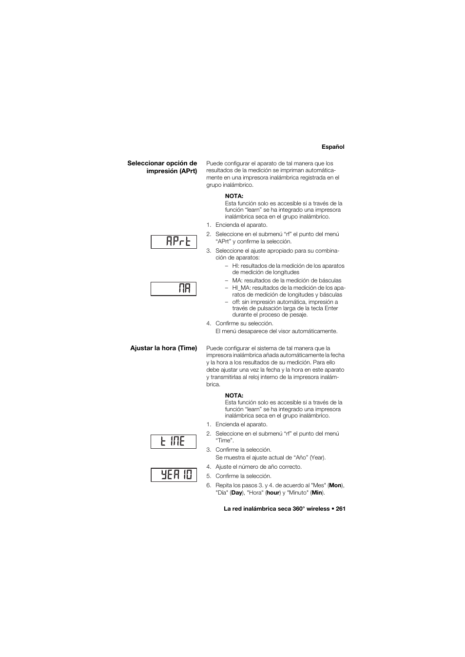Seleccionar opción de impresión (aprt), Ajustar la hora (time) | Seca 685 User Manual | Page 261 / 385