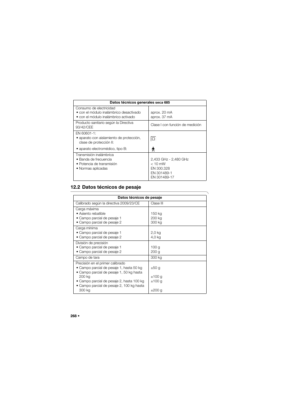2 datos técnicos de pesaje | Seca 685 User Manual | Page 268 / 385