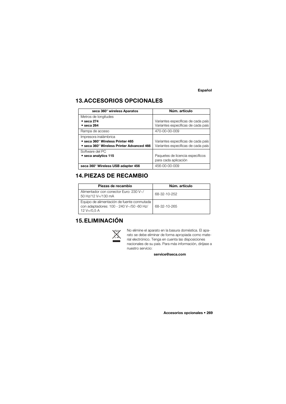 Accesorios opcionales, Piezas de recambio, Eliminación | Seca 685 User Manual | Page 269 / 385