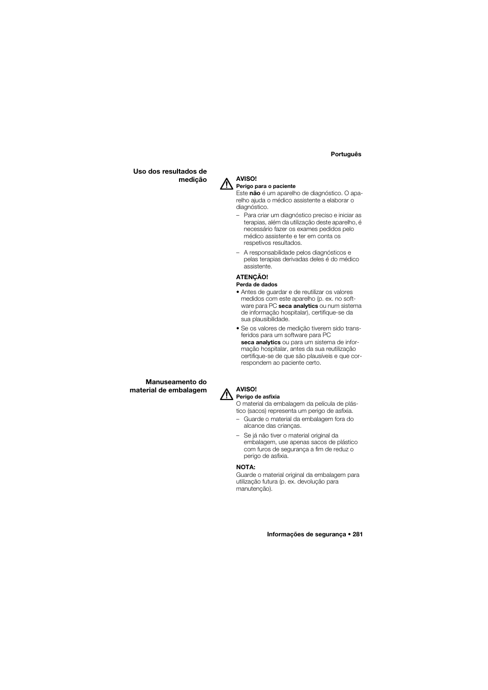 Uso dos resultados de medição, Manuseamento do material de embalagem | Seca 685 User Manual | Page 281 / 385