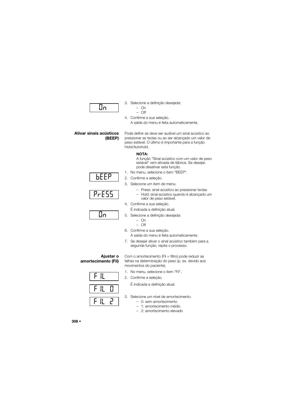 Ativar sinais acústicos (beep), Ajustar o amortecimento (fil) | Seca 685 User Manual | Page 308 / 385