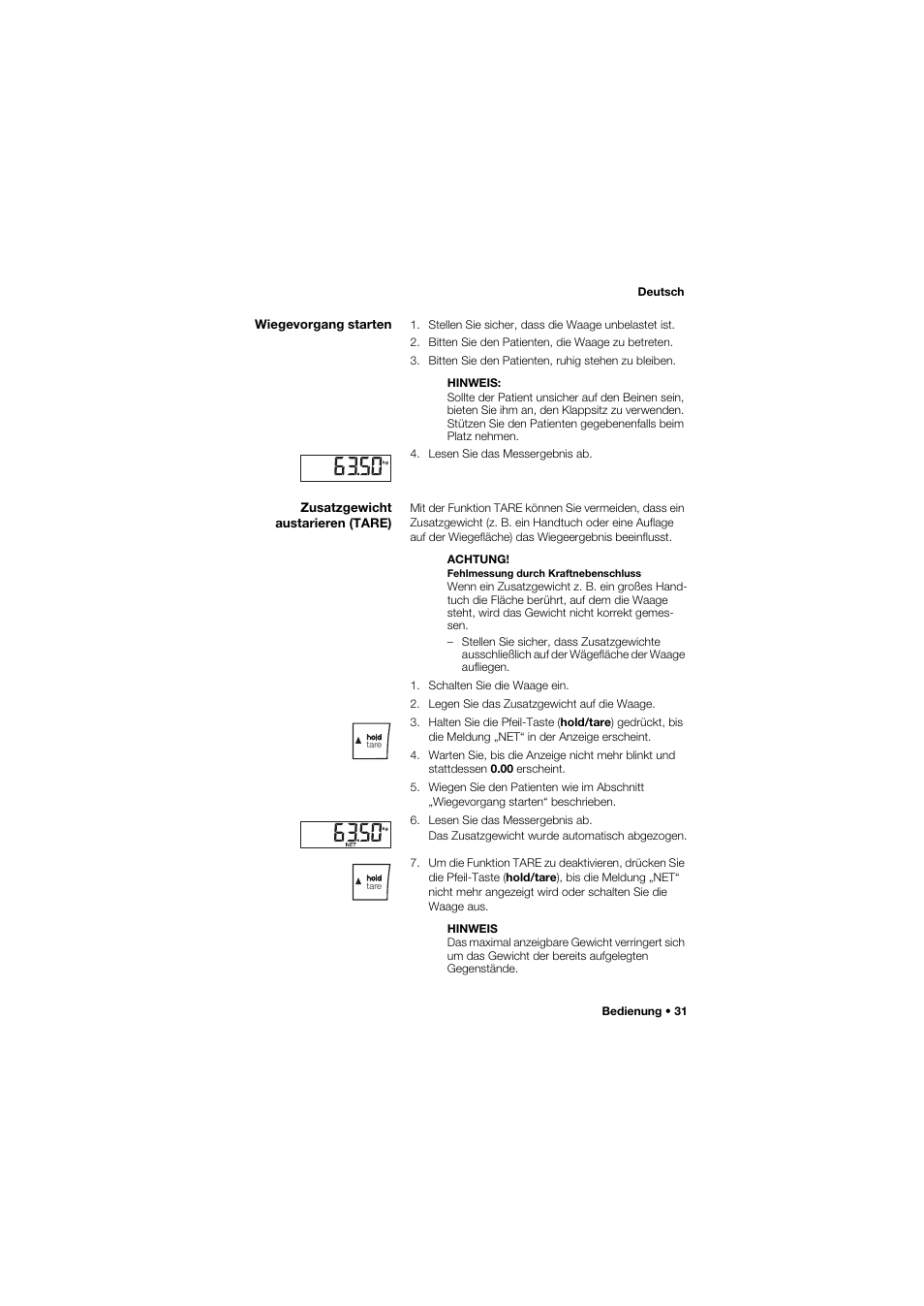 Wiegevorgang starten, Zusatzgewicht austarieren (tare) | Seca 685 User Manual | Page 31 / 385