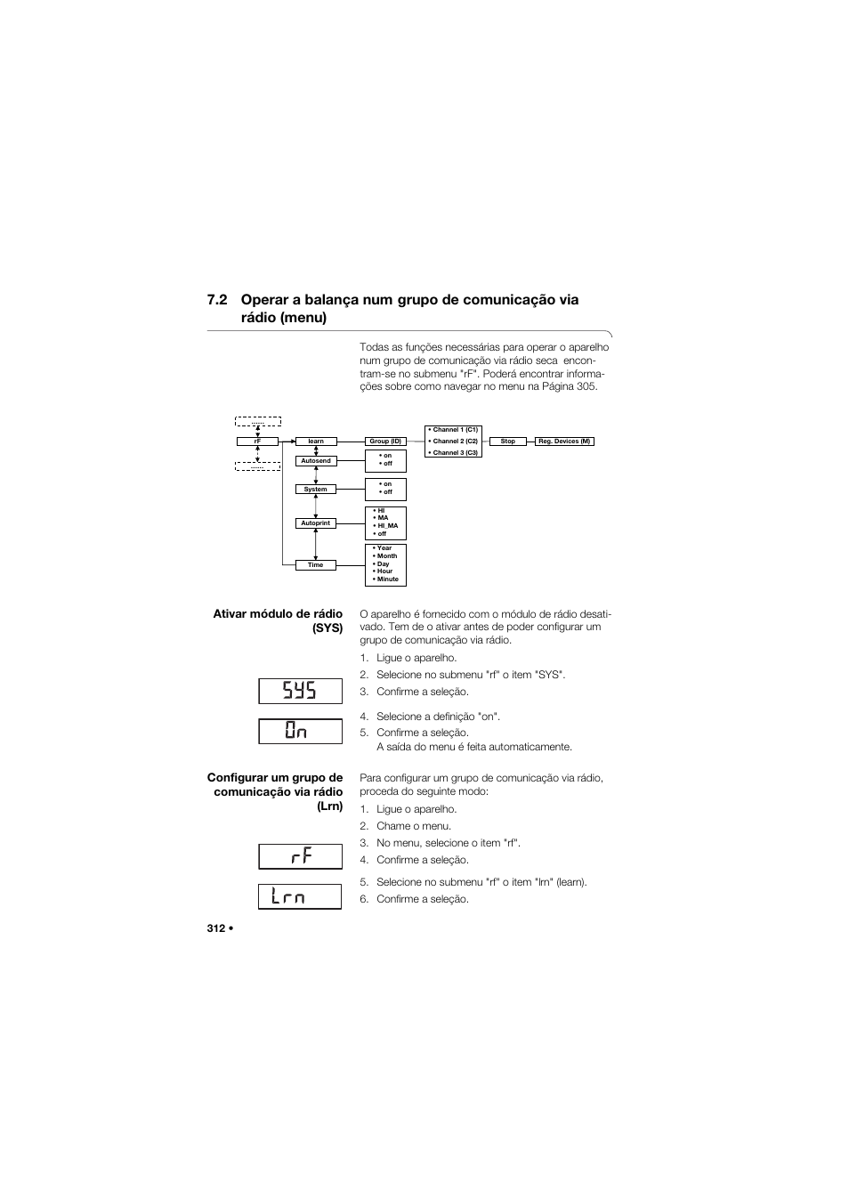 Ativar módulo de rádio (sys), Configurar um grupo de comunicação via rádio (lrn), 2 operar a balança num | Grupo de comunicação via rádio (menu) | Seca 685 User Manual | Page 312 / 385
