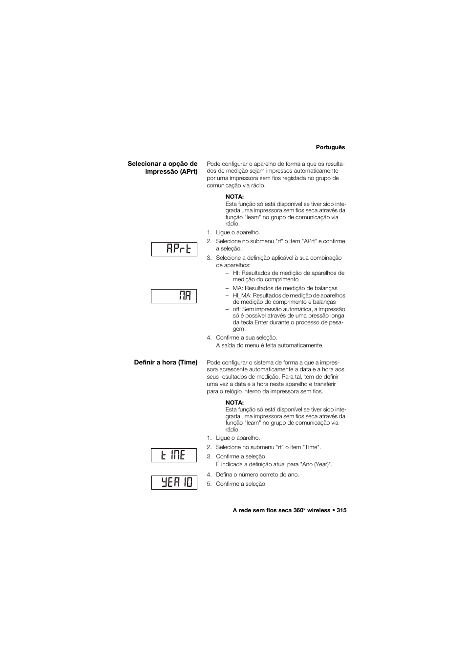 Selecionar a opção de impressão (aprt), Definir a hora (time) | Seca 685 User Manual | Page 315 / 385