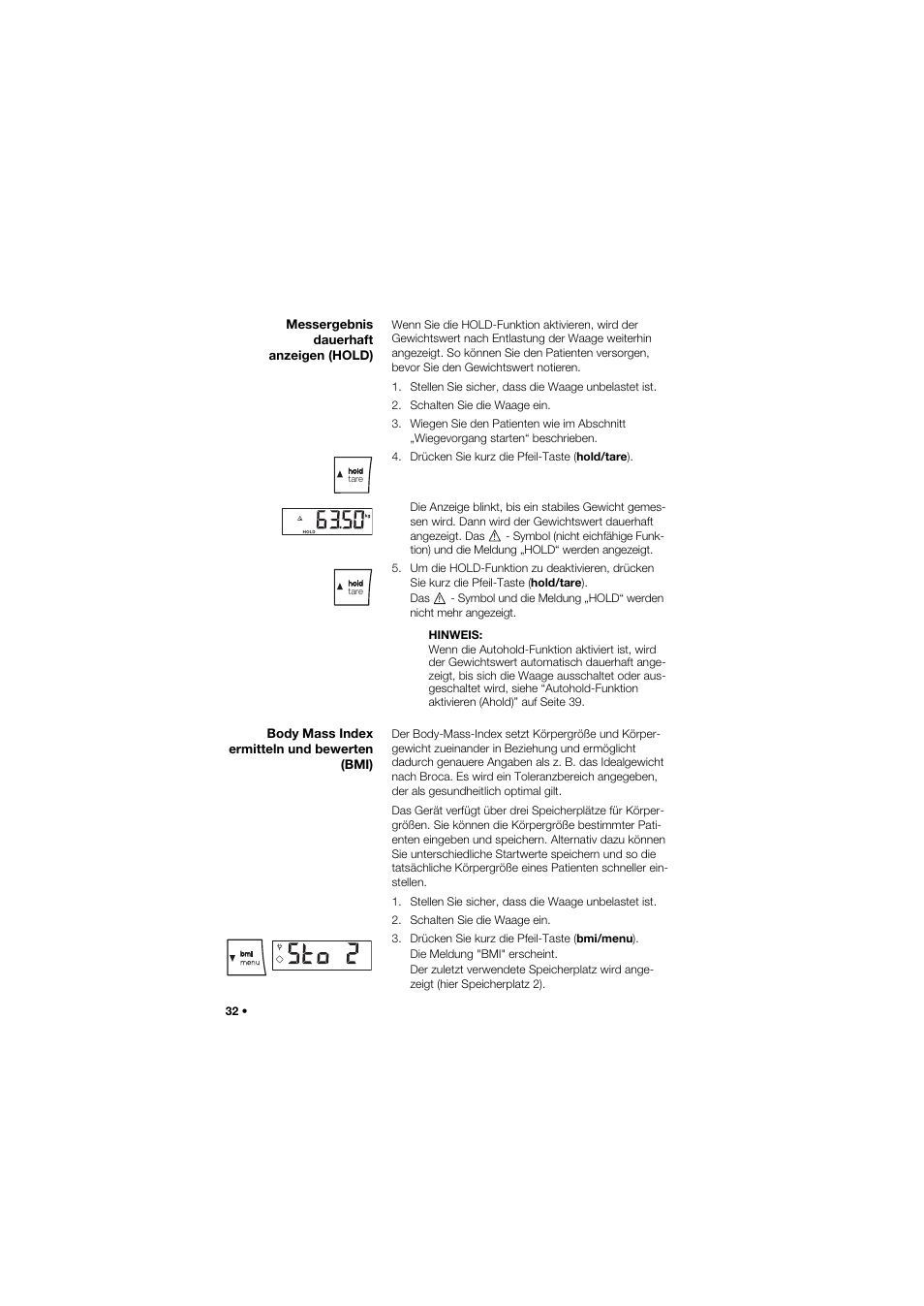 Messergebnis dauerhaft anzeigen (hold), Body mass index ermitteln und bewerten (bmi) | Seca 685 User Manual | Page 32 / 385