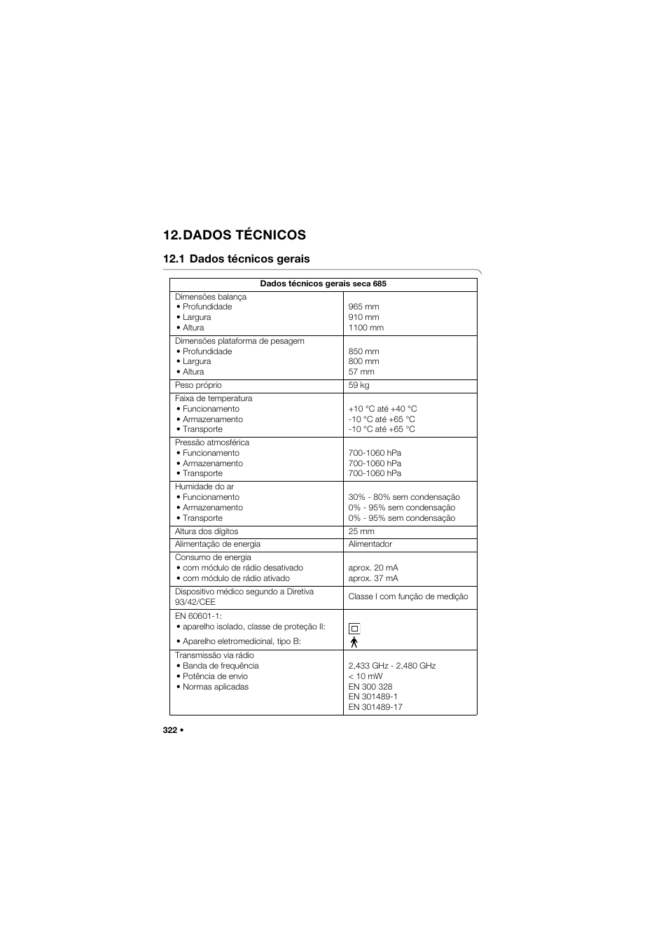 Dados técnicos, 1 dados técnicos gerais | Seca 685 User Manual | Page 322 / 385