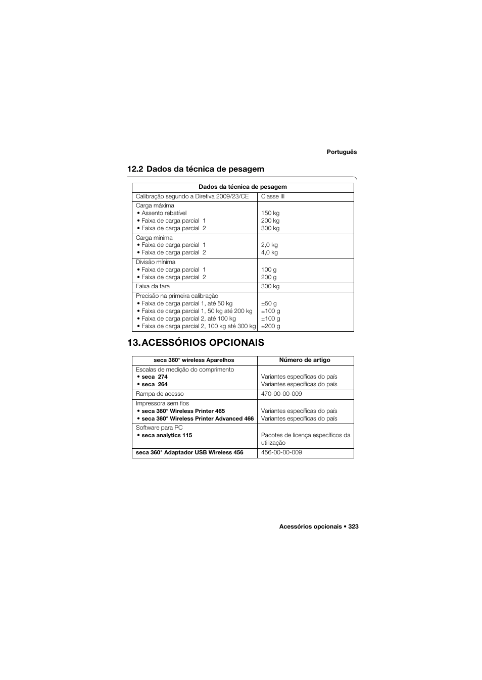 2 dados da técnica de pesagem, Acessórios opcionais | Seca 685 User Manual | Page 323 / 385