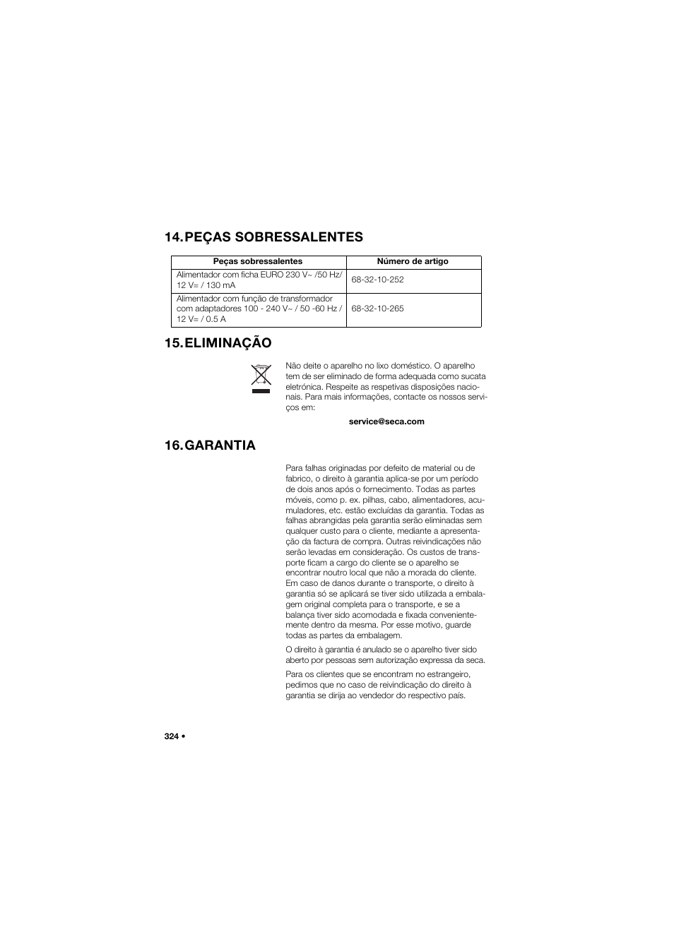 Peças sobressalentes, Eliminação, Garantia | Peças sobressalentes 15.eliminação | Seca 685 User Manual | Page 324 / 385