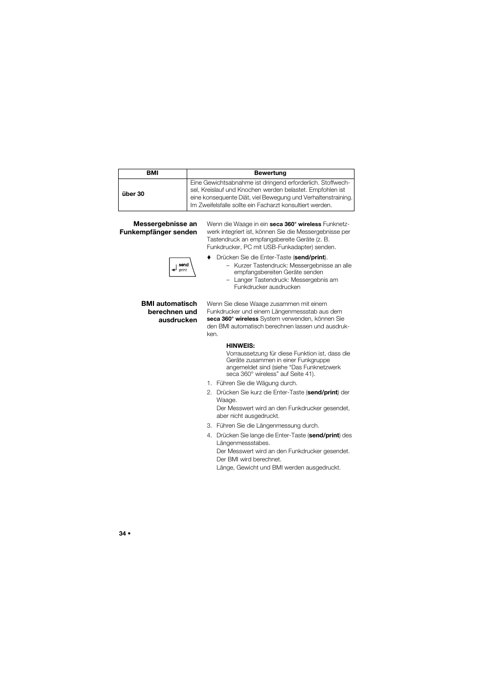 Messergebnisse an funkempfänger senden, Bmi automatisch berechnen und ausdrucken | Seca 685 User Manual | Page 34 / 385