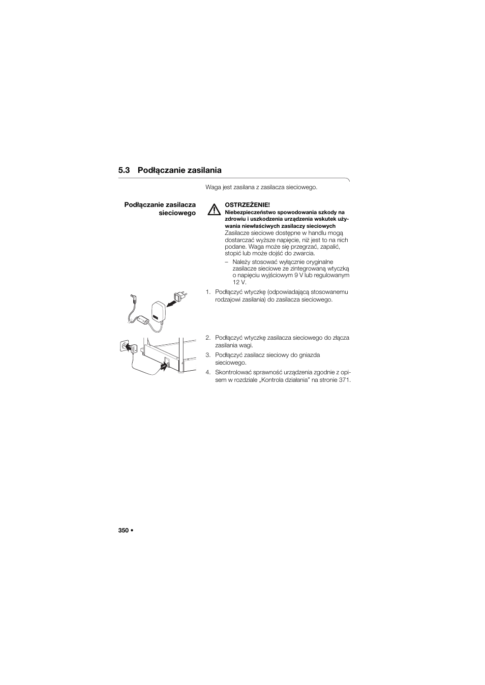 3 podłączanie zasilania, Podłączanie zasilacza sieciowego | Seca 685 User Manual | Page 350 / 385